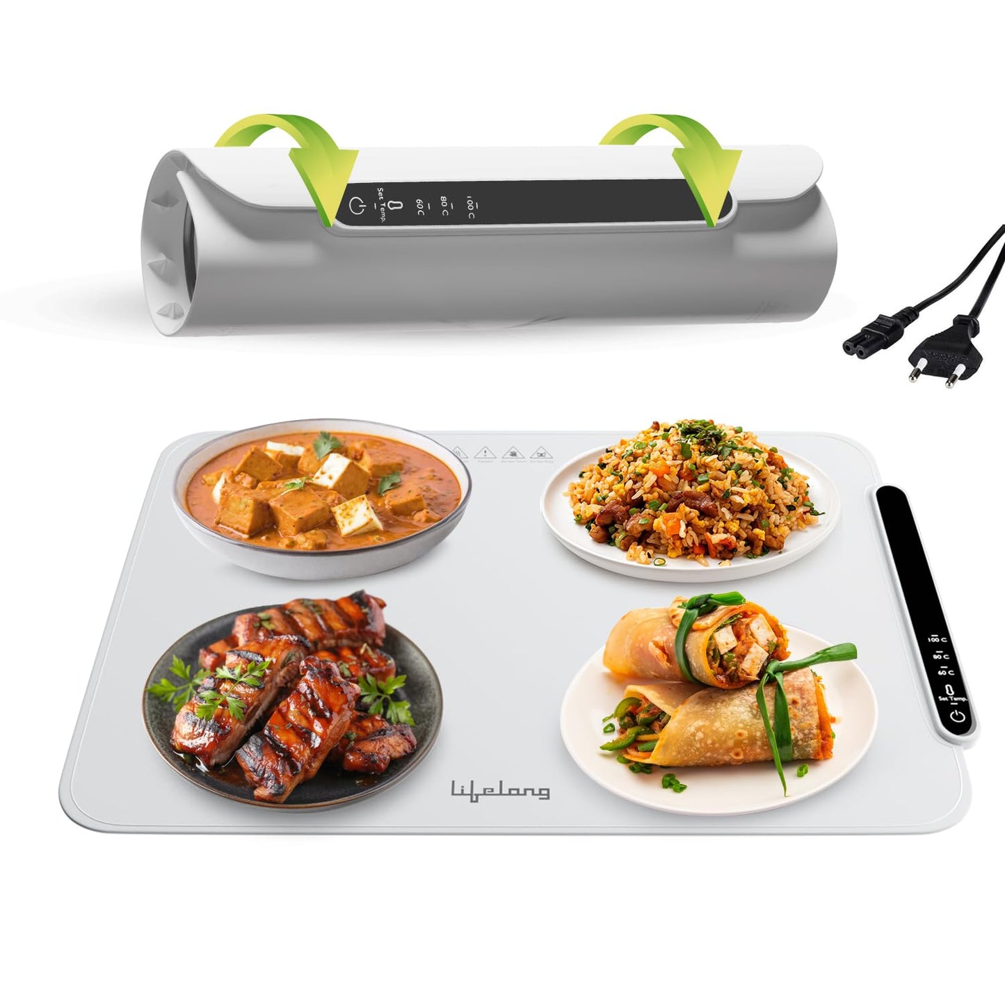 Electric Food Warmer - 400 W | Roll Up Silicon Heating Mat | Adjustable Temperature Control with Touch | Even Warming Tray for Dining, Parties & Events | Auto Shut-Off